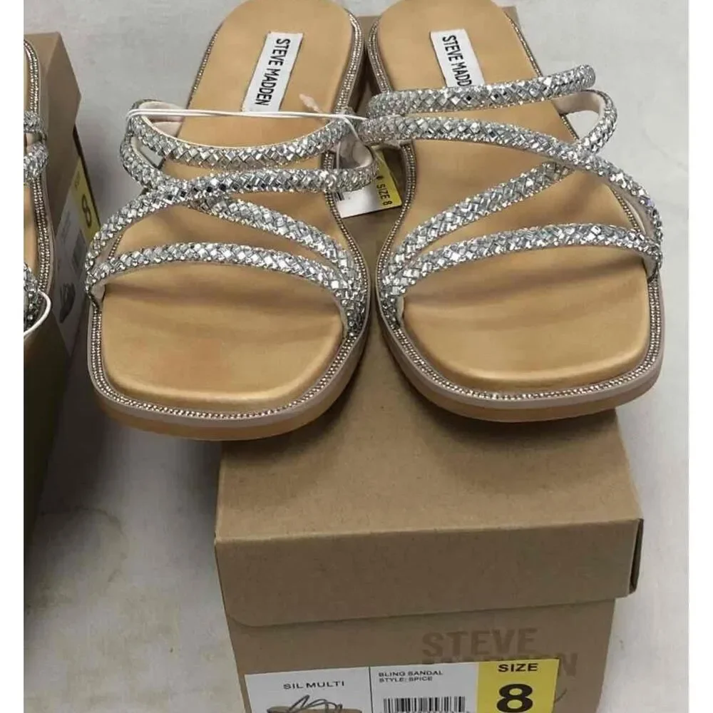 Steve Madden Spice Silver Multi Bling Slide Sandal Women's Size 8 DS